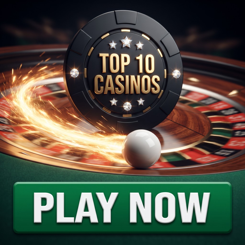 Black poker chip reading Top 10 Casinos over a roulette wheel with a green Play Now button